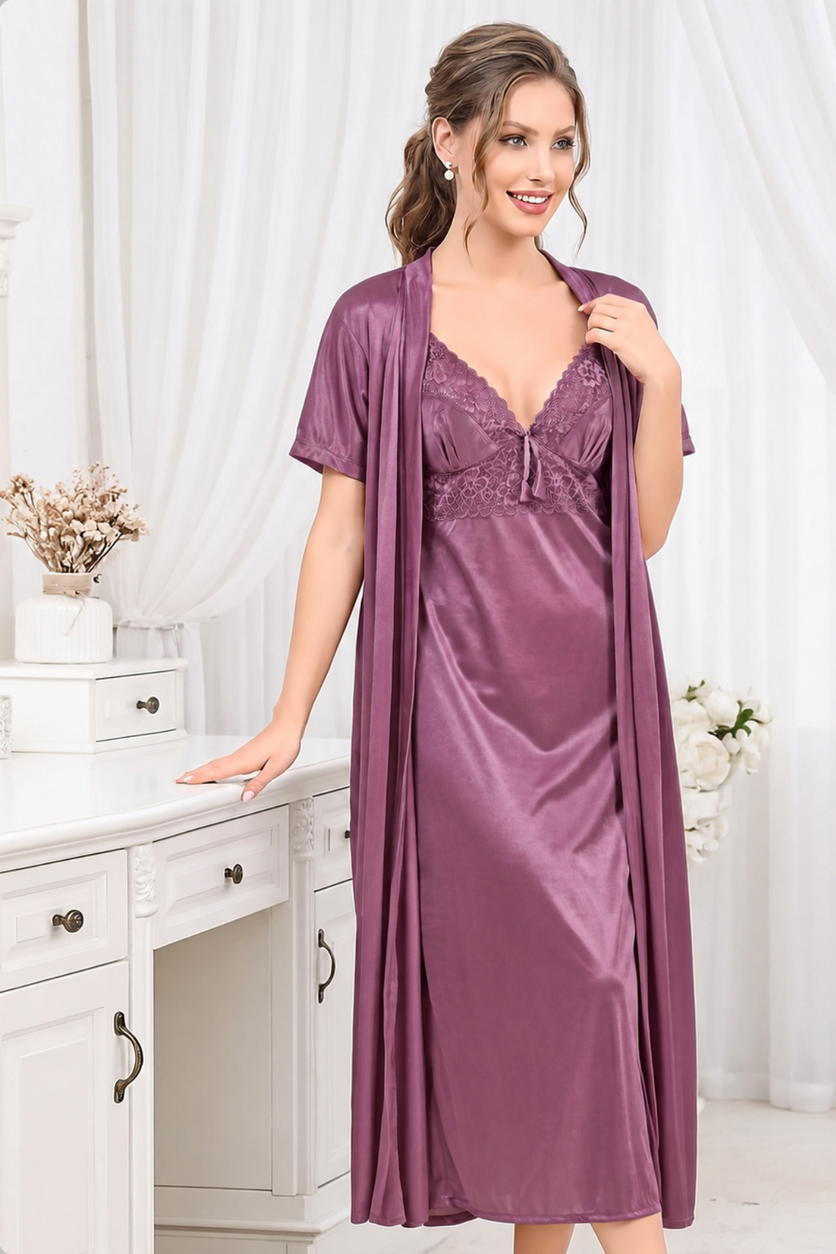 Orchid purple premium lace long nighty with matching short-sleeve robe, 2 pc set
