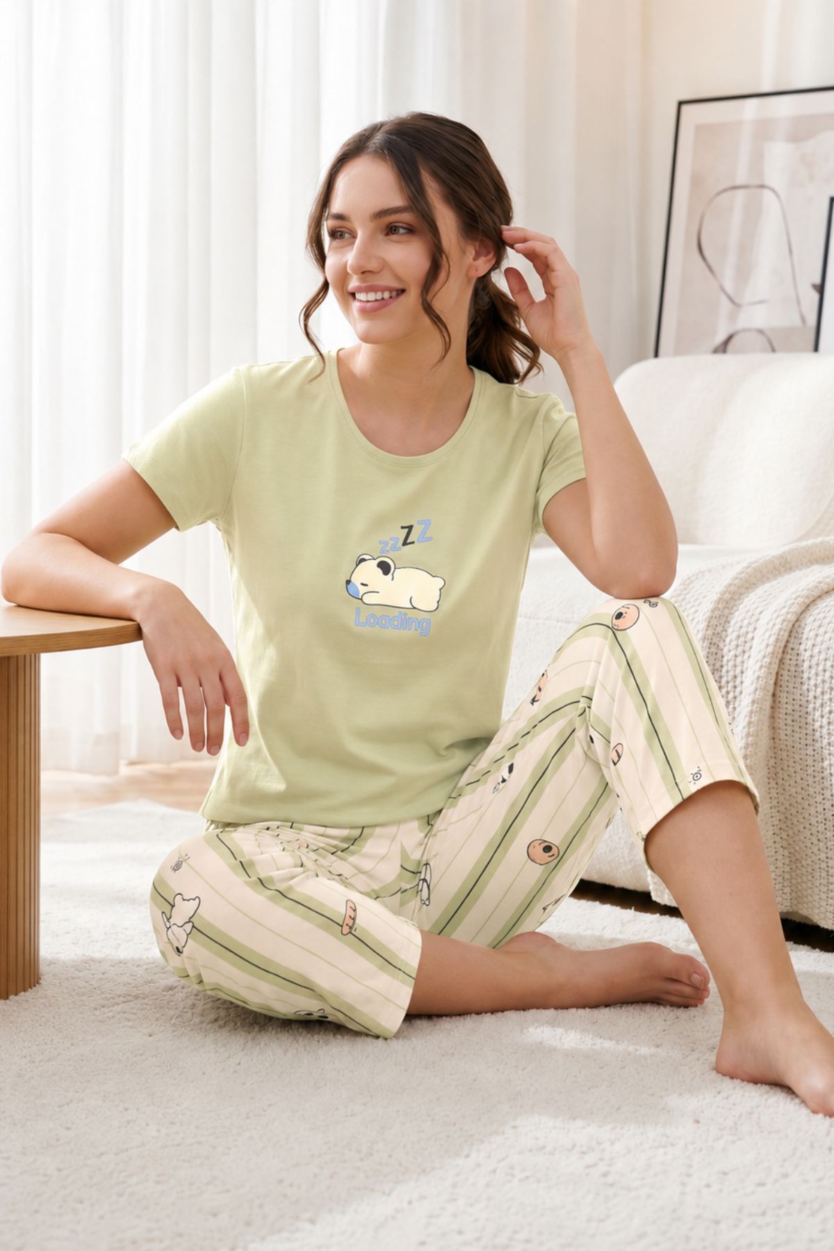 Pistachio mist sleepy Puppy graphic hosiery night suit with striped cartoon print pants