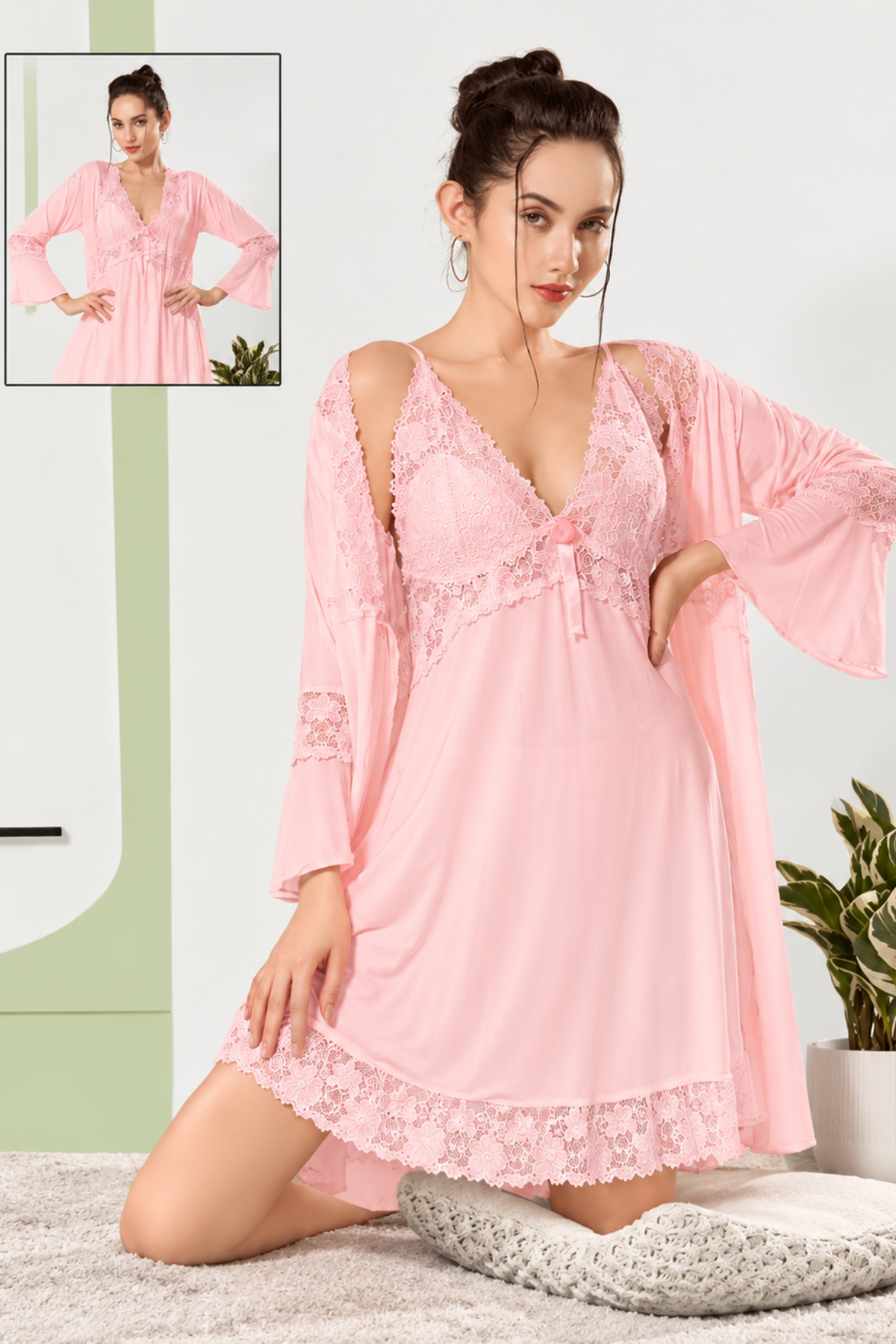 Rose lace short nighty with matching bell sleeve robe, 2 pc set