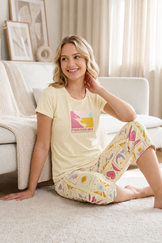 Vanilla custard Panorama graphic hosiery night suit with colorful abstract print capri pants