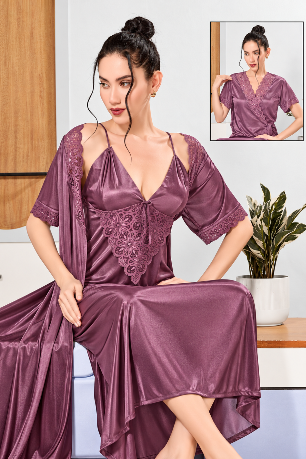 Wisteria purple silky long nighty with floral lace bust and matching lace-trim robe, 2 pc set