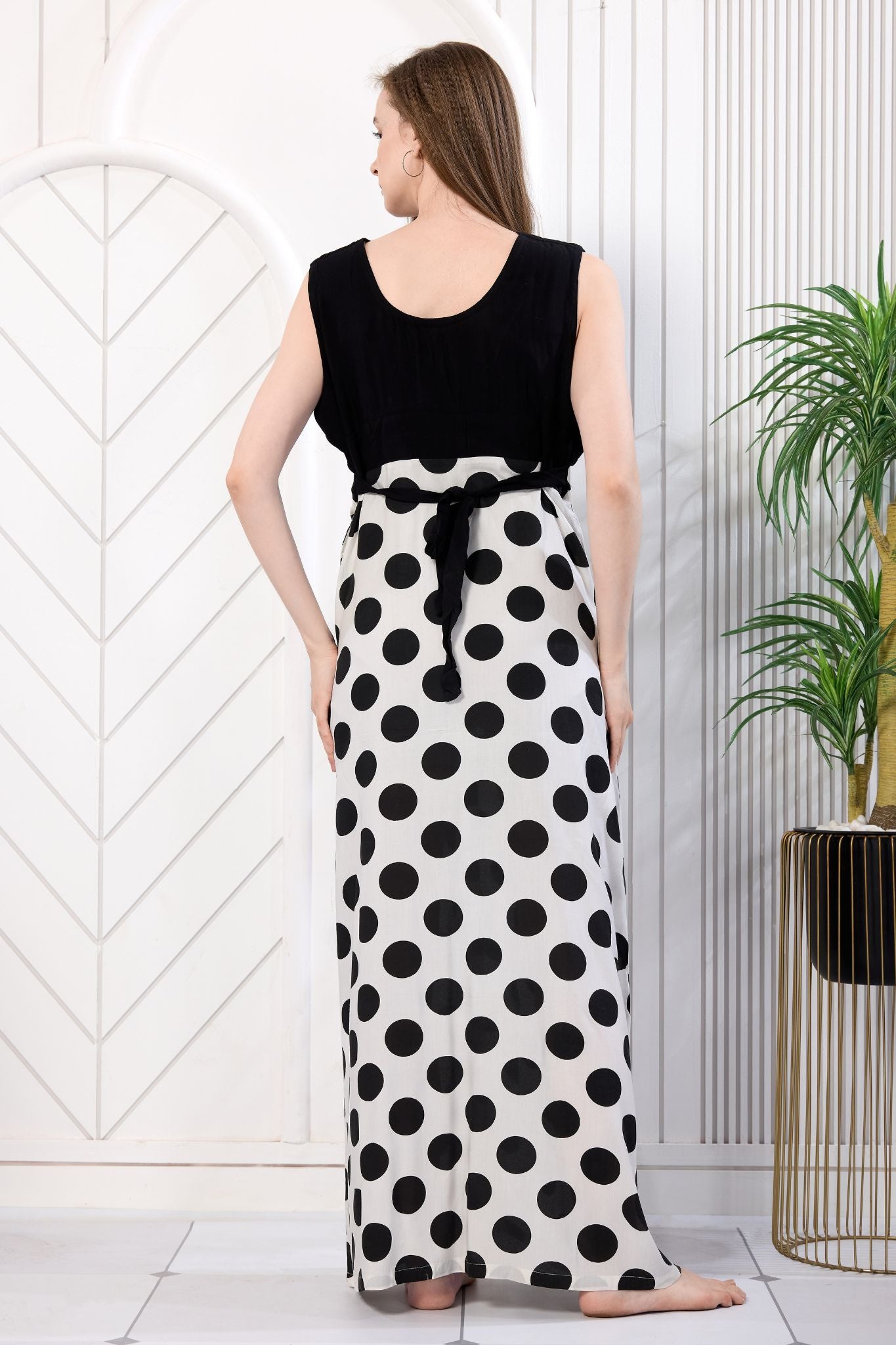 Black and white polka dot sleeveless maxi gown back view - Gemini Nightwears
