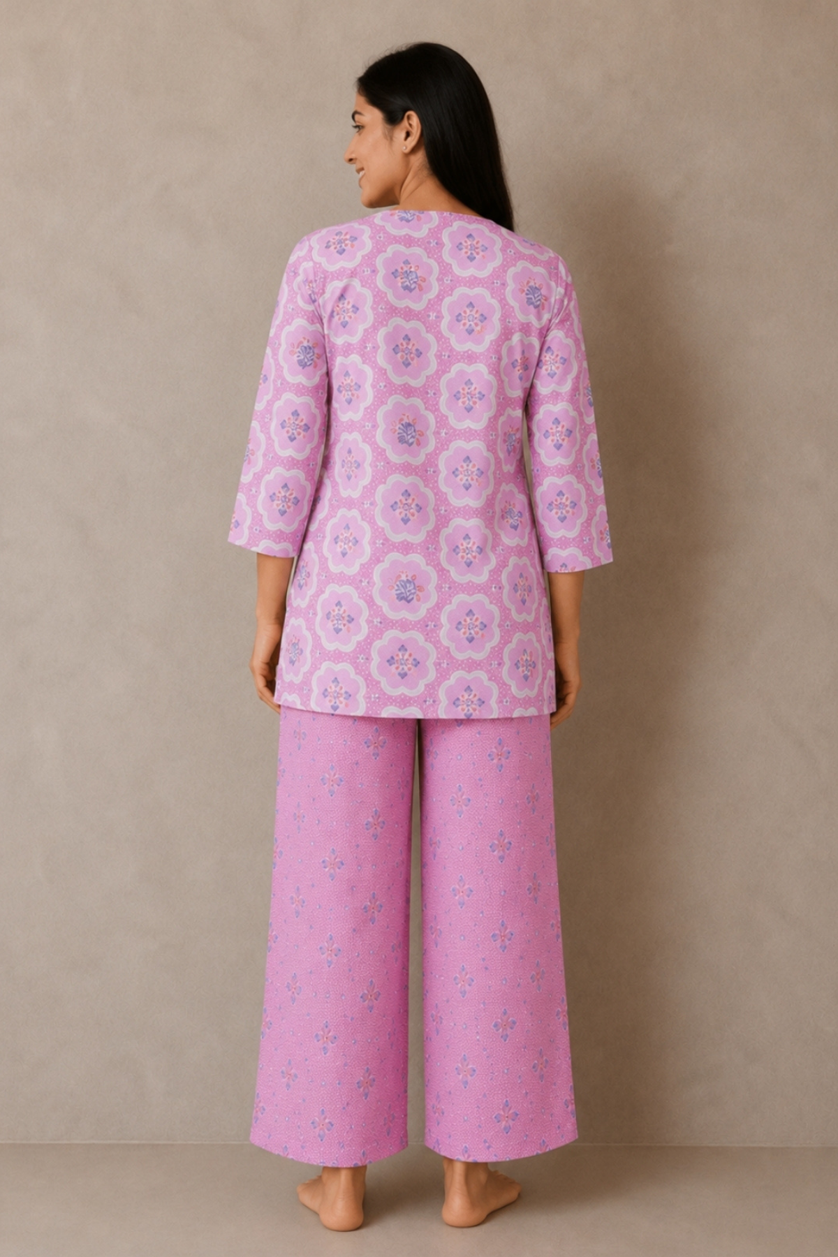 Blossom pink floral medallion co-ord set back view - Gemini Nightwears