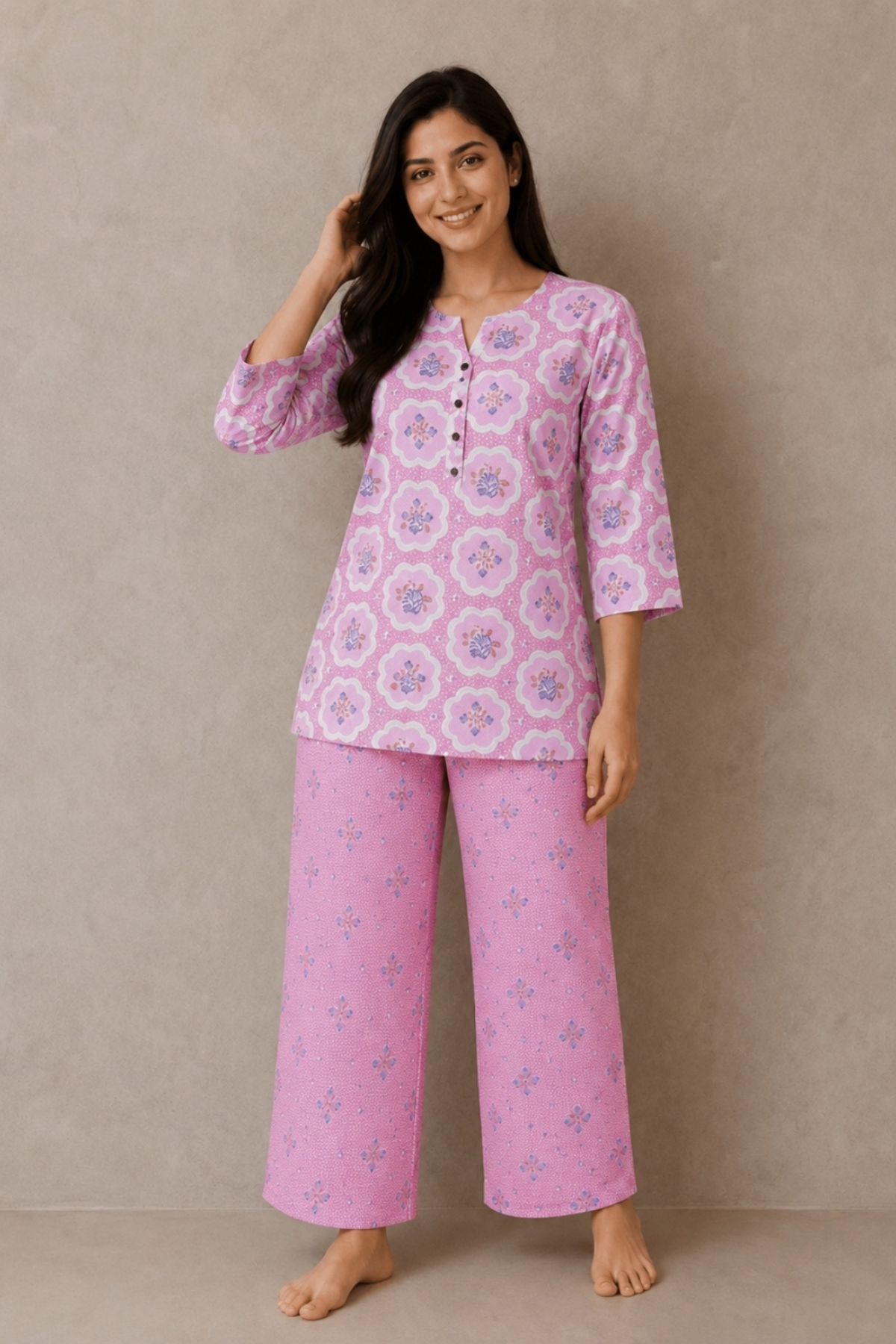 Woman wearing blossom pink floral medallion print co-ord set - Gemini Nightwears