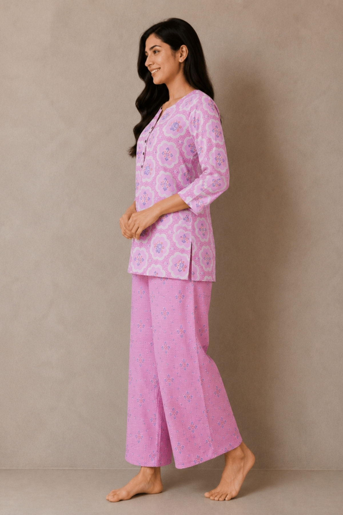 Blossom pink floral medallion co-ord set side view - Gemini Nightwears