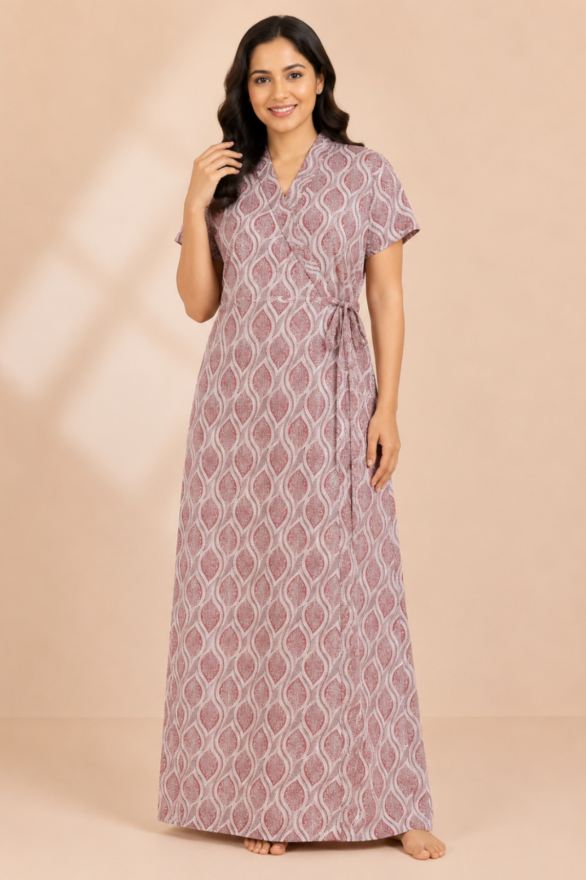Woman wearing mauve chevron print cotton housecoat - Gemini Nightwears