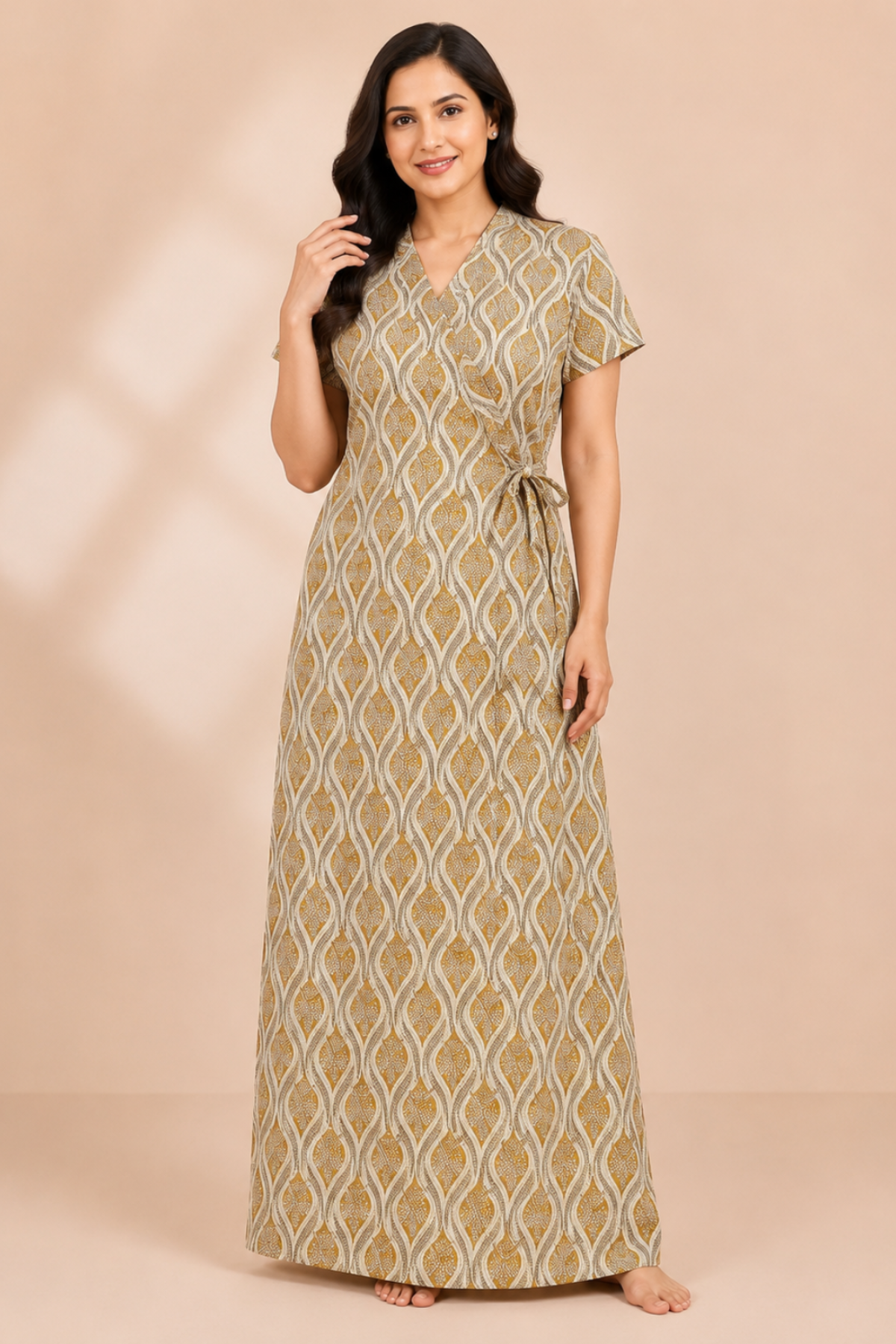 Woman wearing mustard chevron print cotton housecoat - Gemini Nightwears