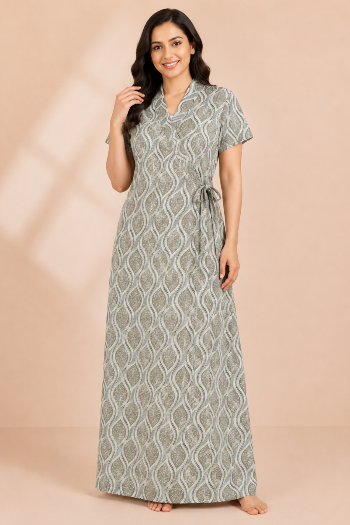 Woman wearing taupe chevron print cotton housecoat - Gemini Nightwears