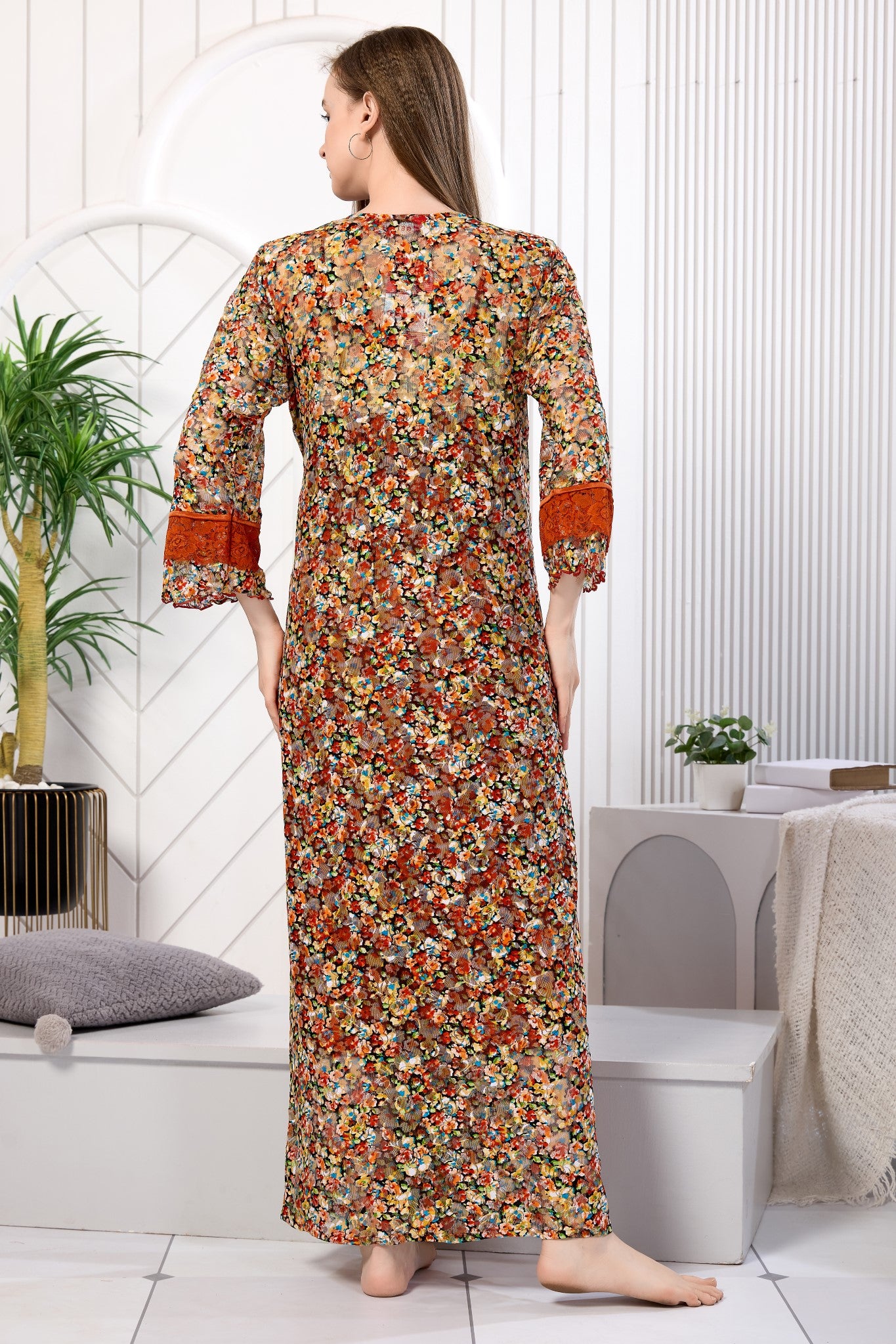 Floral net robe back view - Gemini Nightwears