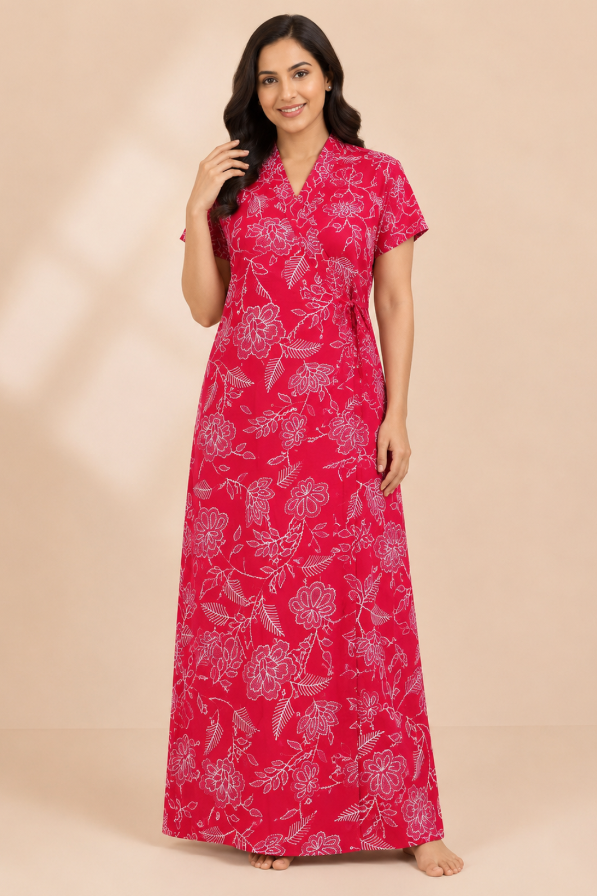 Woman wearing crimson red floral print cotton housecoat - Gemini Nightwears