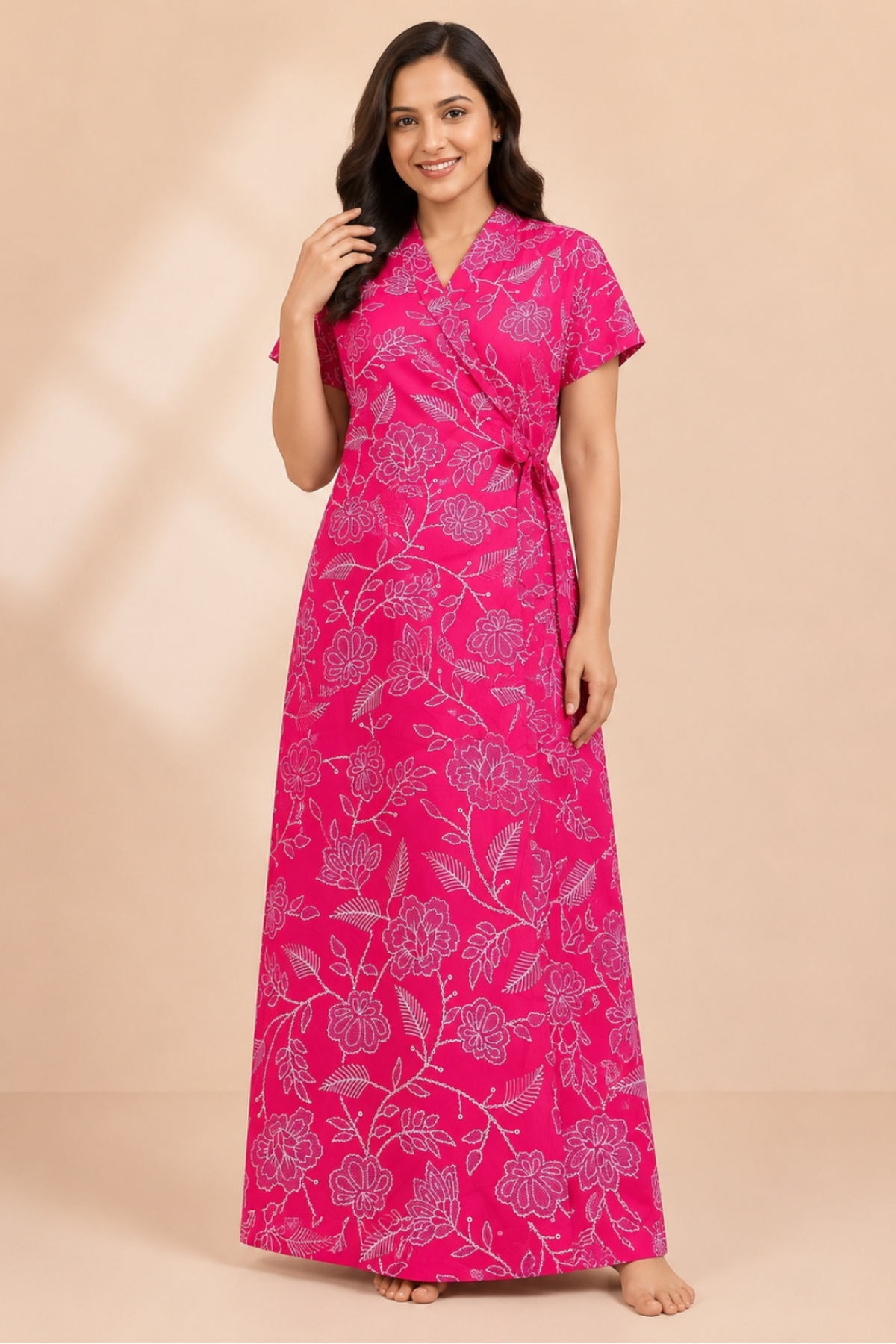 Woman wearing fuchsia floral print cotton housecoat - Gemini Nightwears