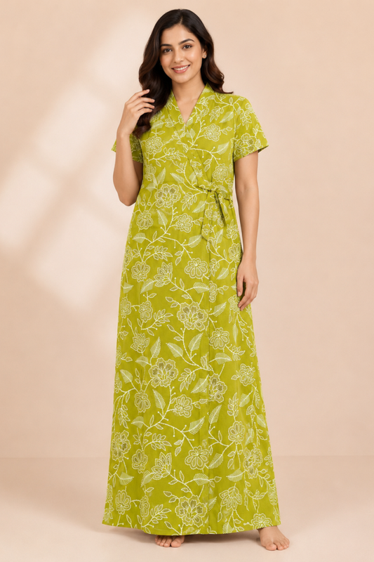 Woman wearing olive green floral print cotton housecoat - Gemini Nightwears