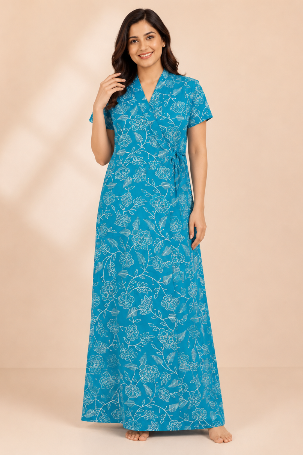 Woman wearing teal blue floral print cotton housecoat - Gemini Nightwears