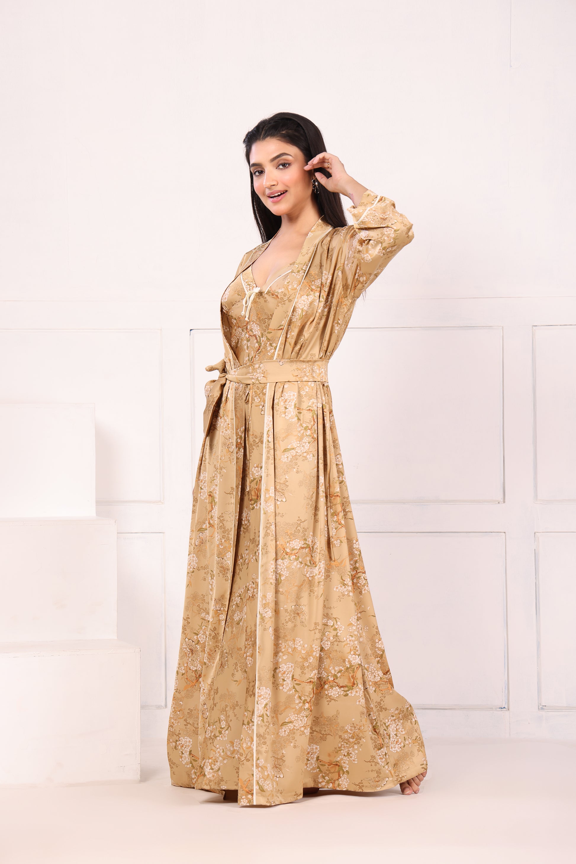 Woman wearing golden beige floral satin nighty with net robe - Gemini Nightwears