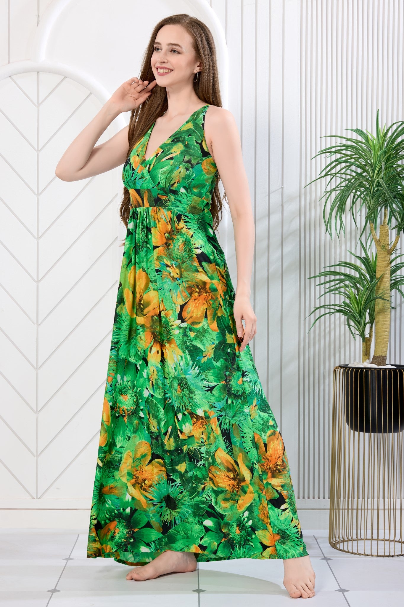 Green and orange floral print sleeveless maxi gown side view - Gemini Nightwears