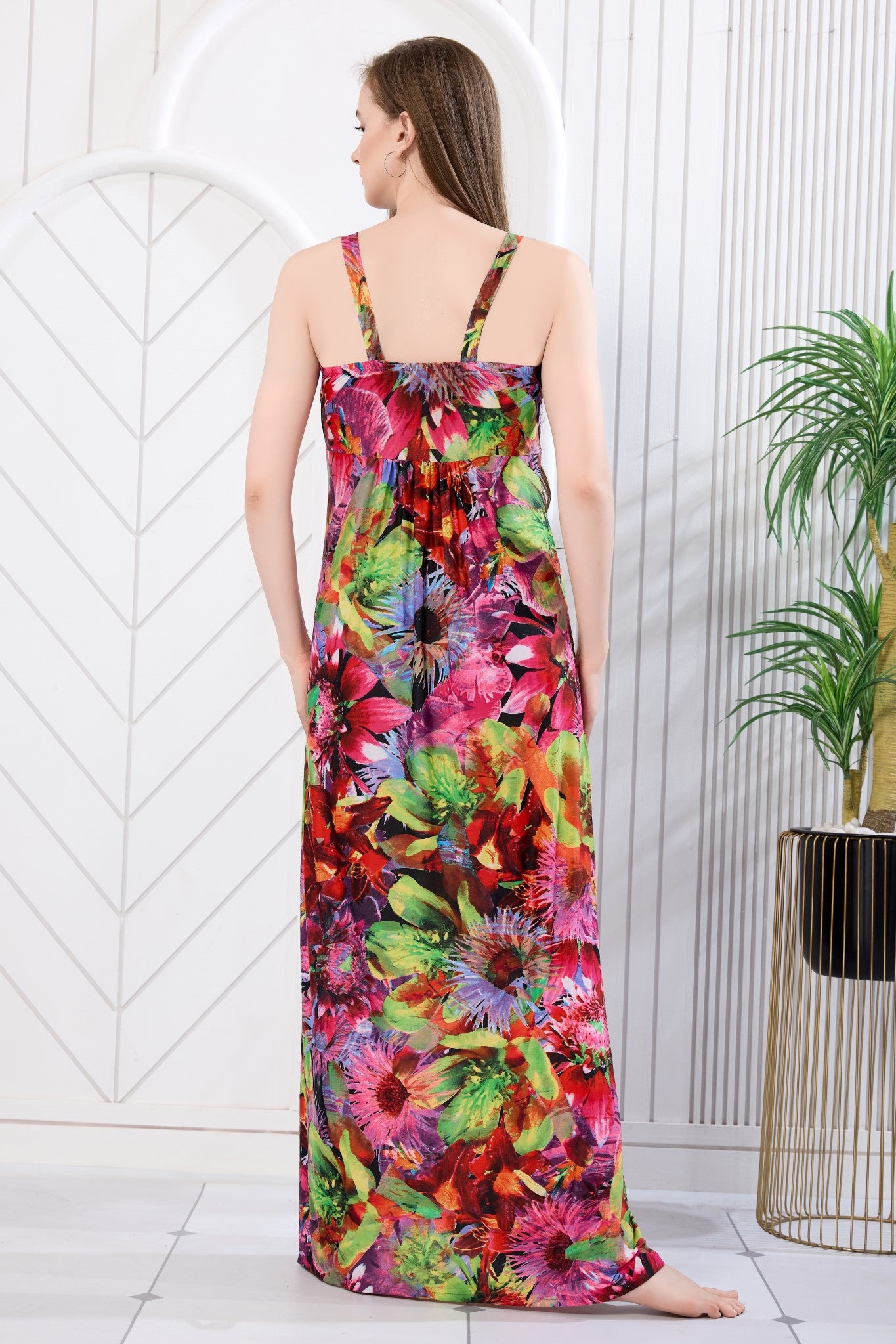 Magenta floral print sleeveless maxi gown back view - Gemini Nightwears