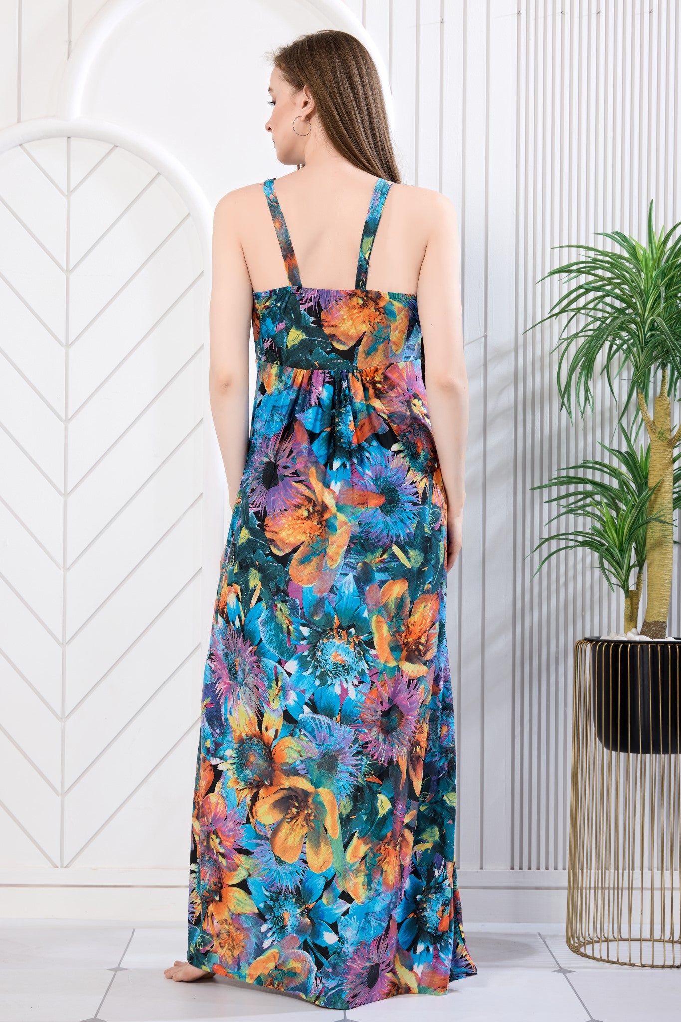 Multicolor floral print sleeveless maxi gown back view - Gemini Nightwears