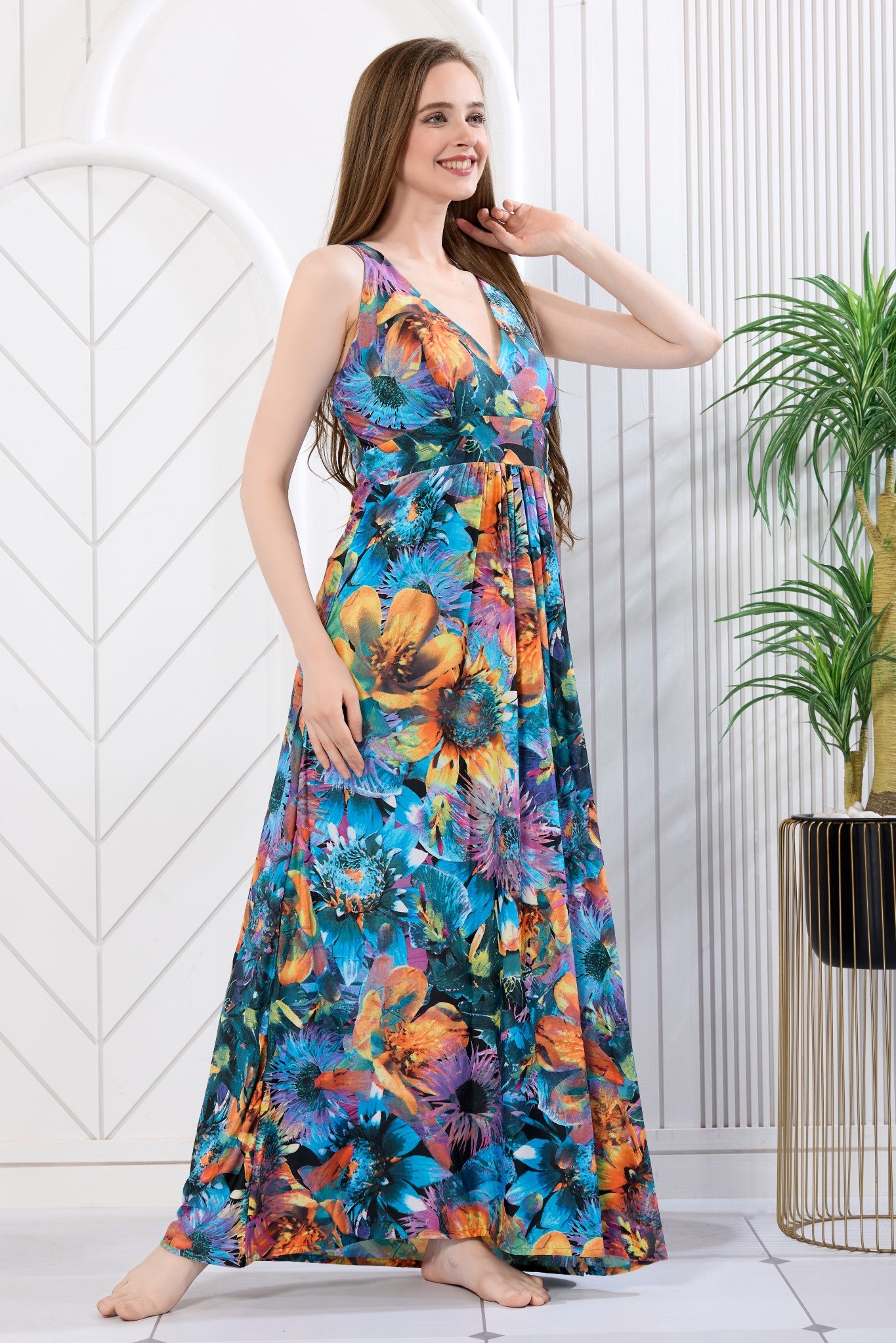Multicolor floral print sleeveless maxi gown front view - Gemini Nightwears