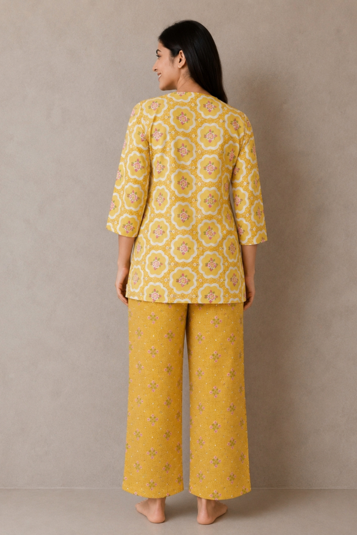 Mustard yellow floral medallion co-ord set back view - Gemini Nightwears