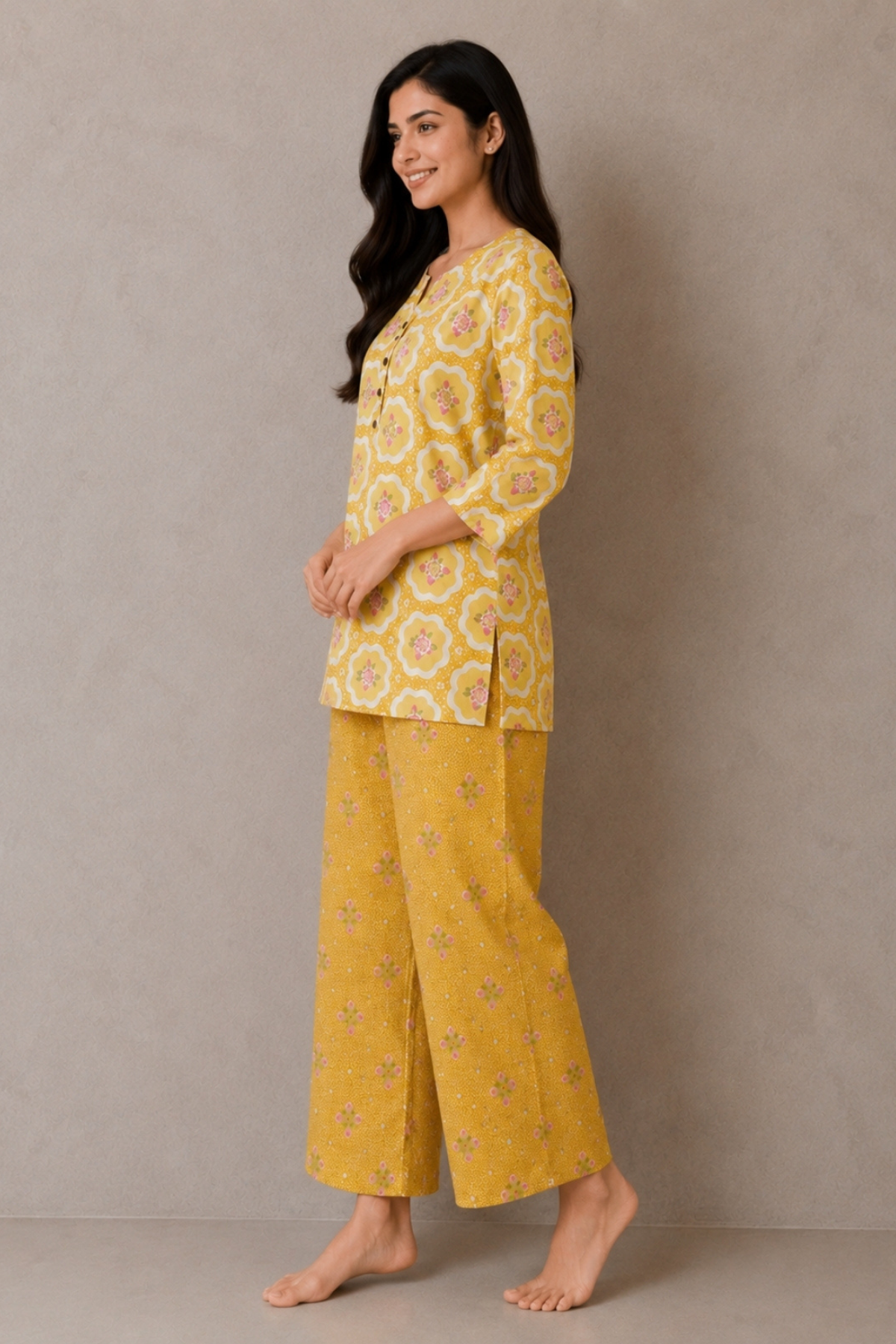 Mustard yellow floral medallion co-ord set side view - Gemini Nightwears