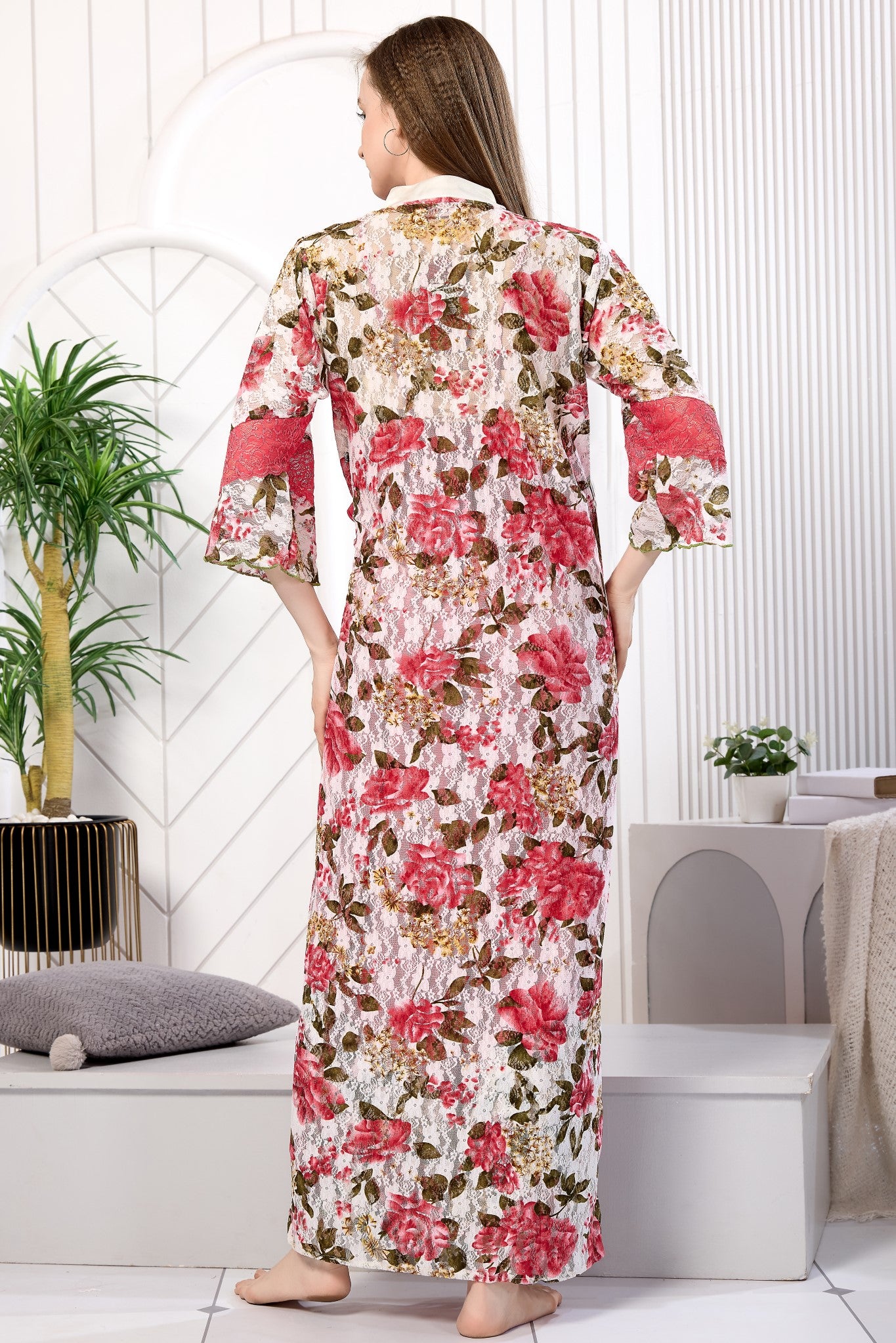 Pink floral net robe back view - Gemini Nightwears
