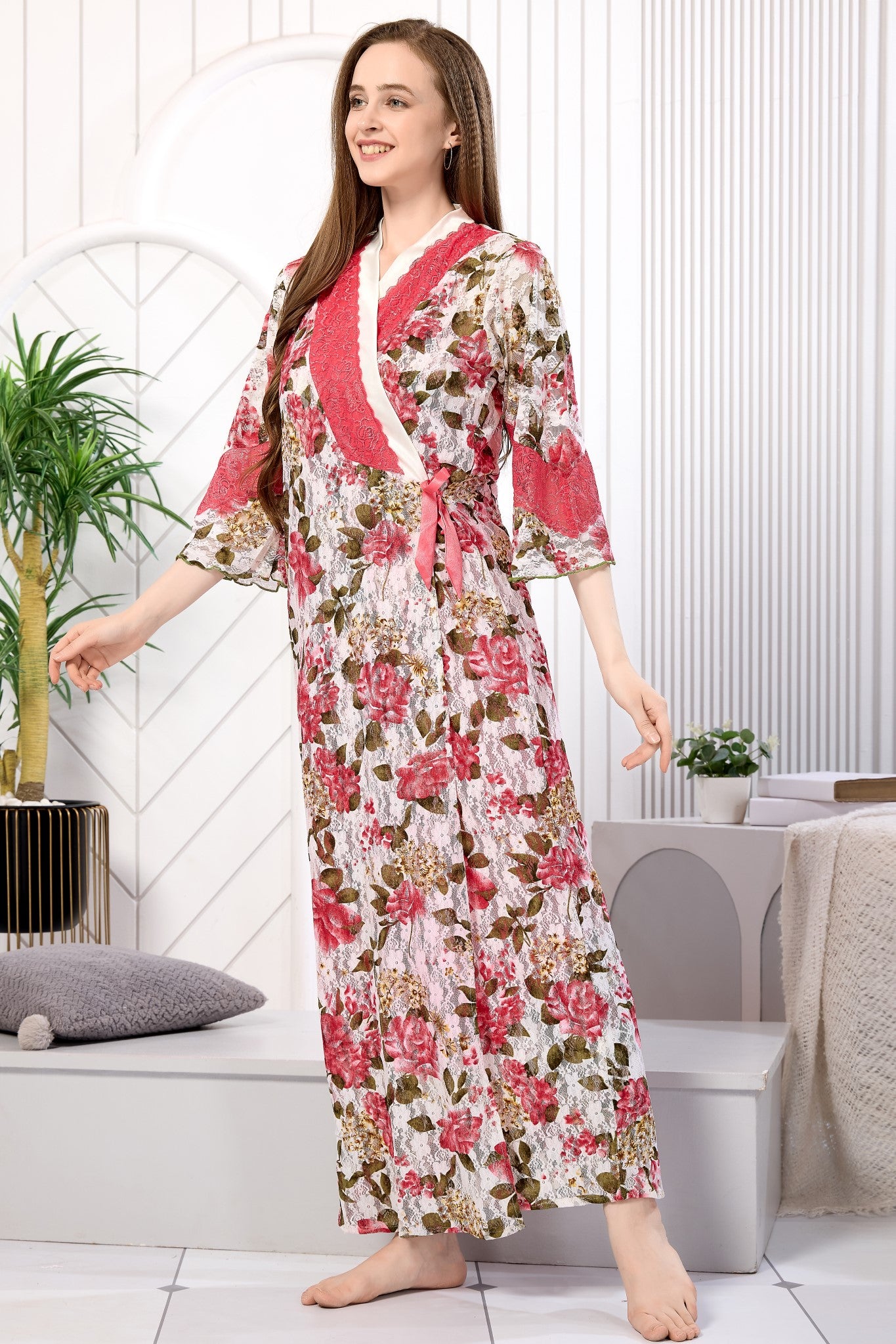 Pink floral net robe close-up detail - Gemini Nightwears