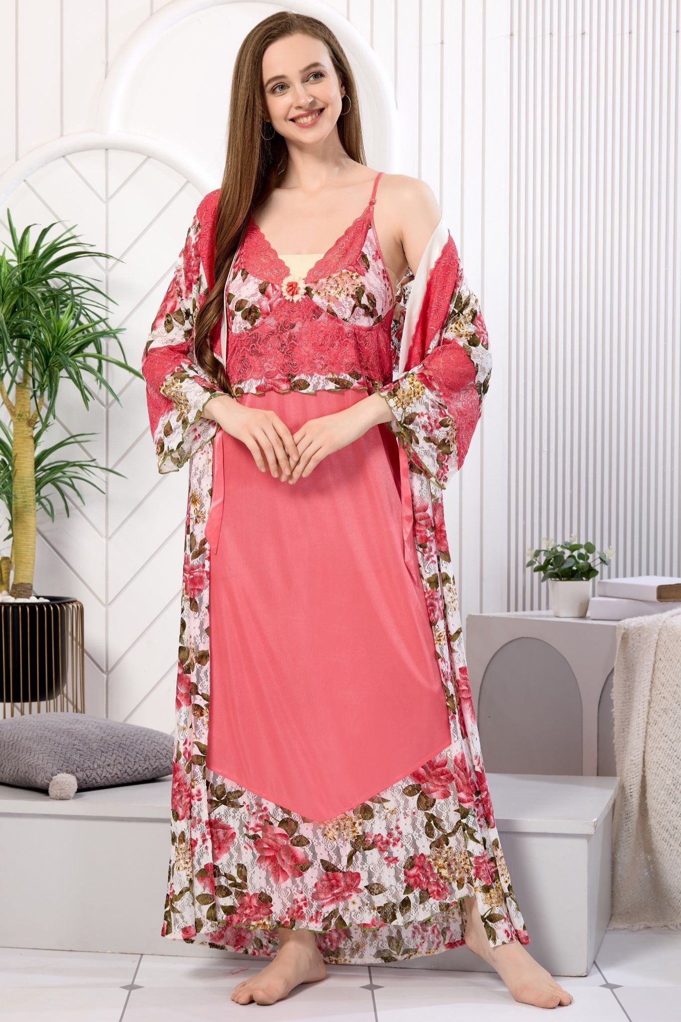 Woman wearing pink floral net 2-piece nighty and robe set - Gemini Nightwears