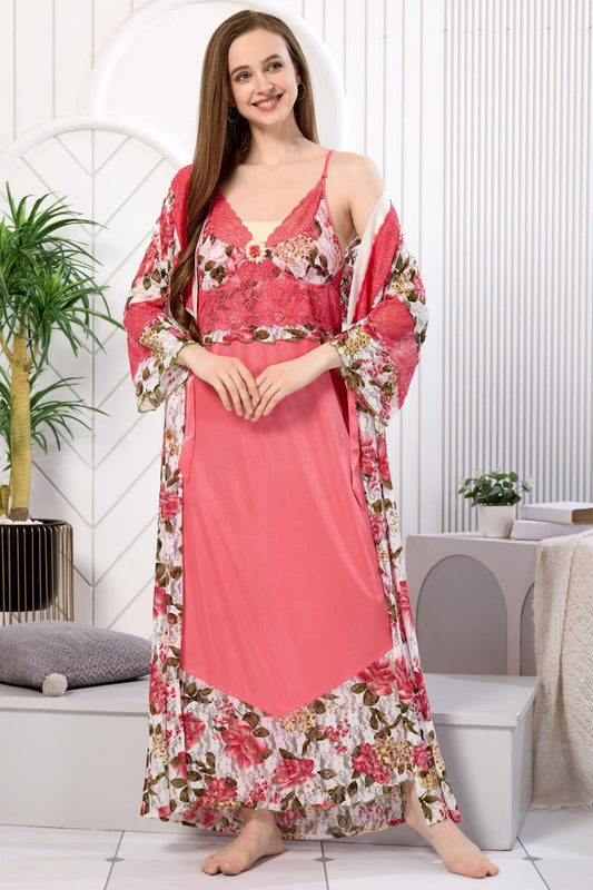 Woman wearing pink floral net 2-piece nighty and robe set - Gemini Nightwears