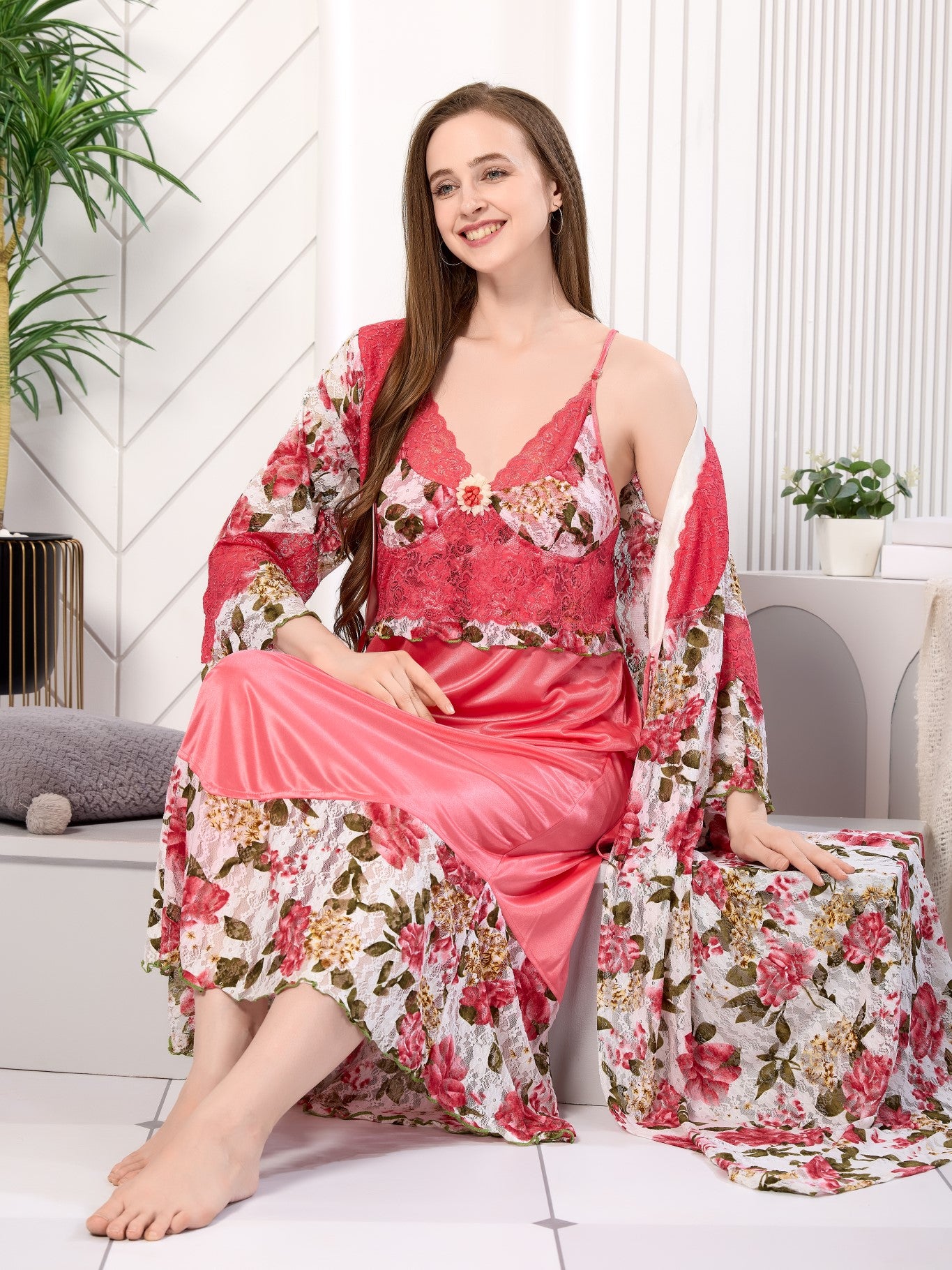 Woman sitting in pink floral net 2-piece set - Gemini Nightwears