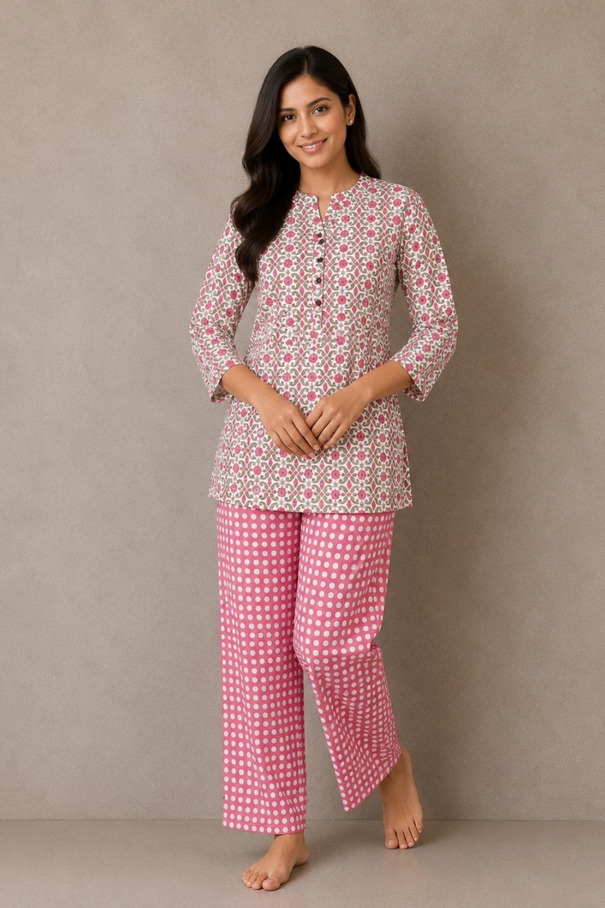 Woman wearing rose pink geometric medallion print co-ord set - Gemini Nightwears