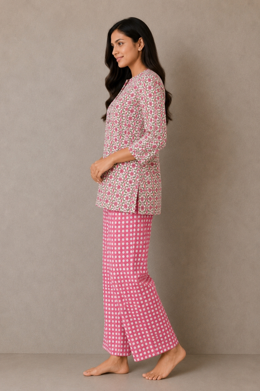 Rose pink geometric medallion co-ord set side view - Gemini Nightwears