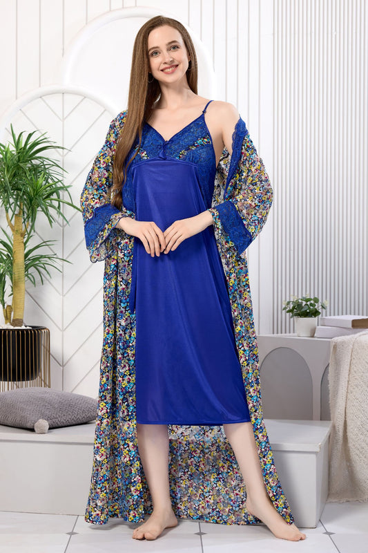 Woman wearing royal blue satin nighty with multicolor floral net robe - Gemini Nightwears