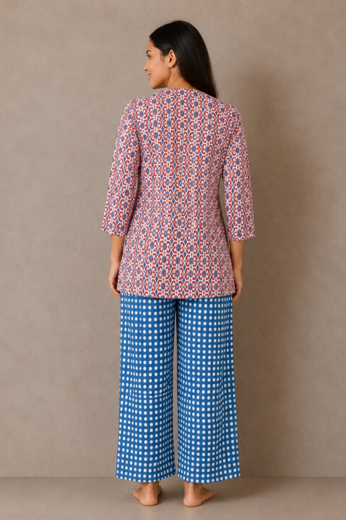 Ruby red and blue geometric medallion co-ord set back view - Gemini Nightwears