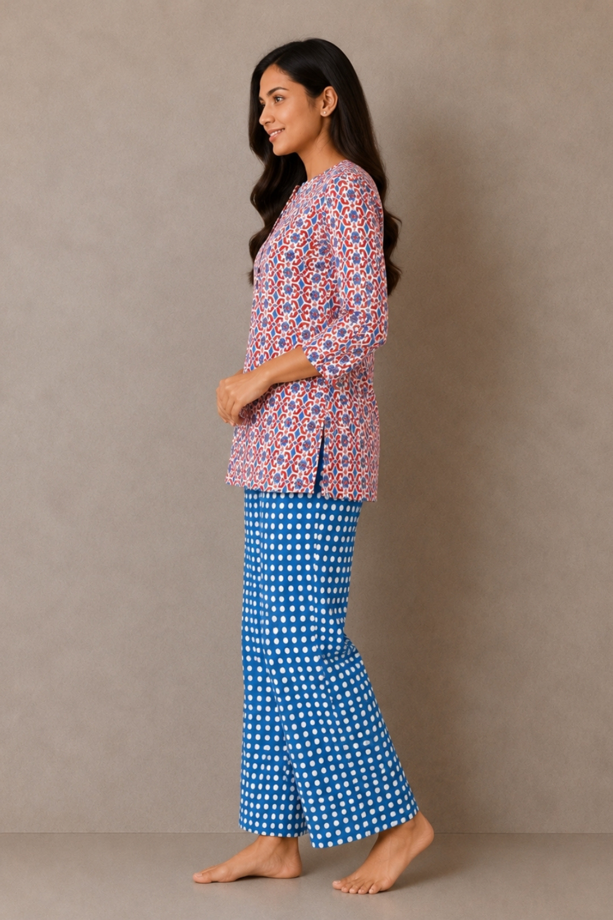 Ruby red and blue geometric medallion co-ord set side view - Gemini Nightwears