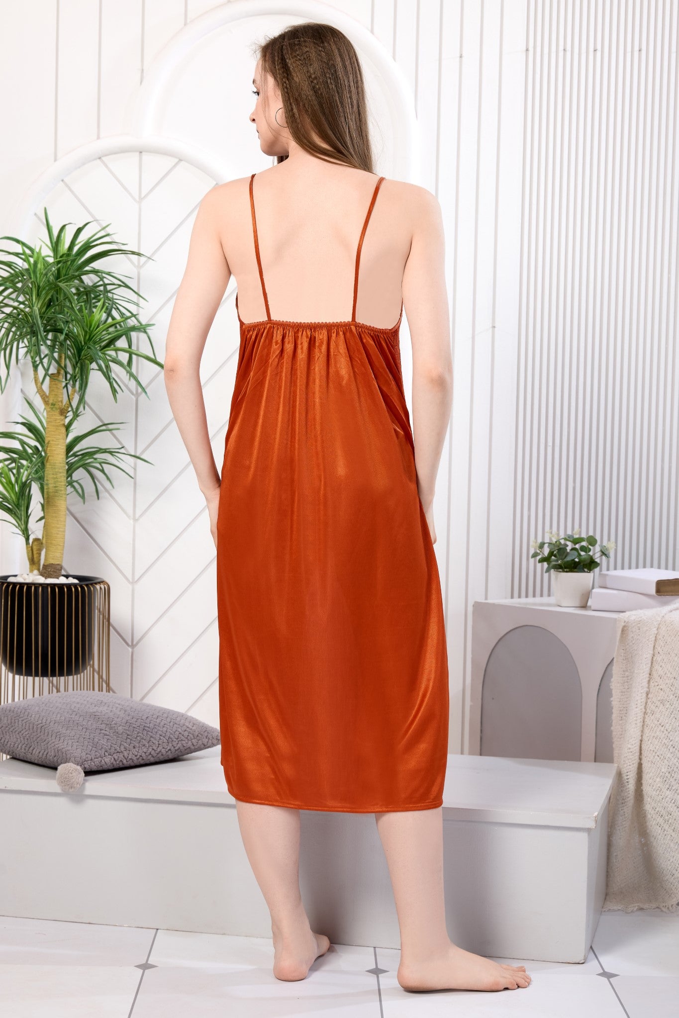 Rust orange satin nighty back view - Gemini Nightwears