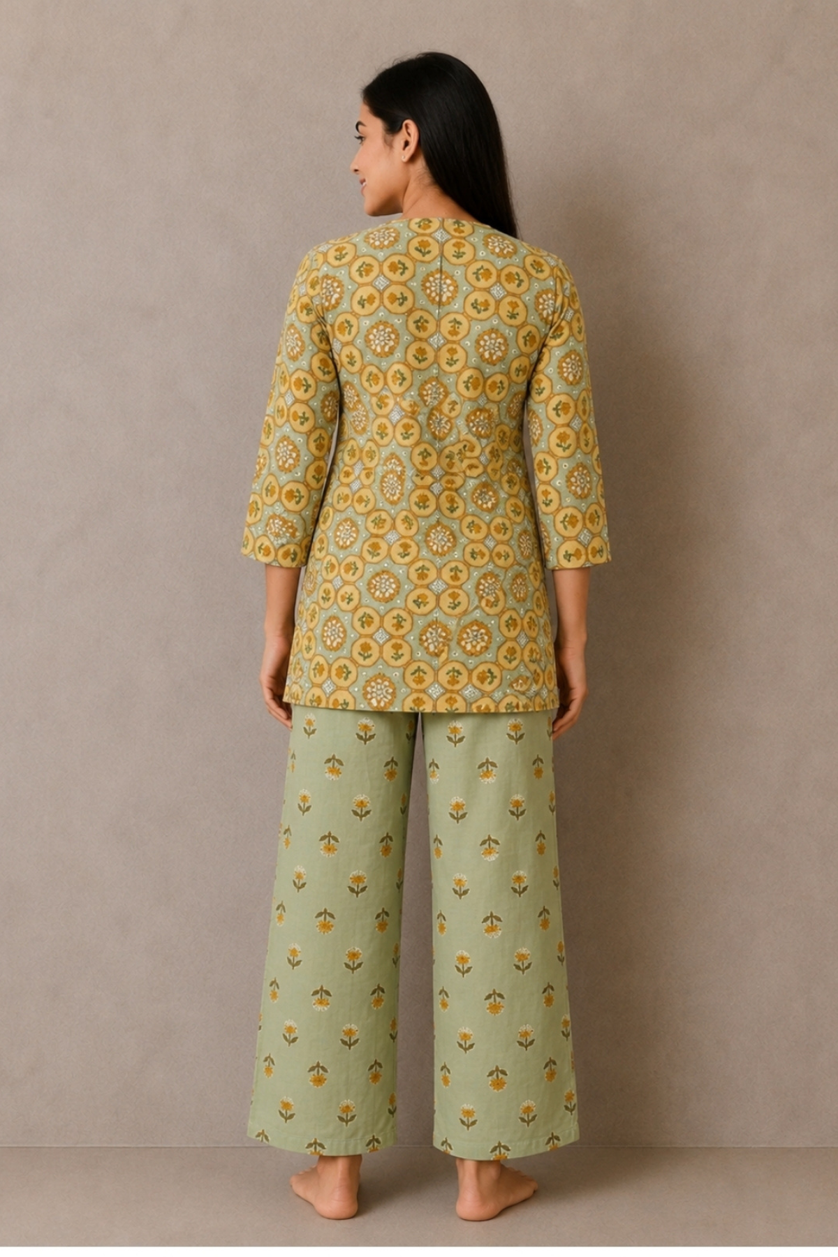 Sage mustard octagonal medallion co-ord set back view - Gemini Nightwears