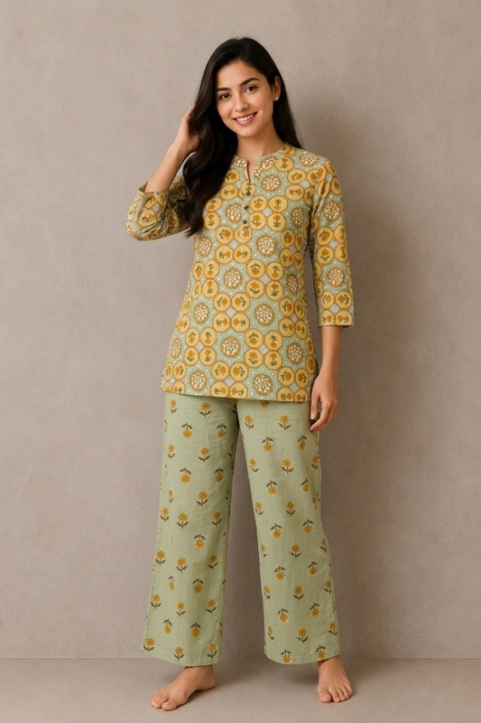 Woman wearing sage green and mustard octagonal medallion print co-ord set - Gemini Nightwears