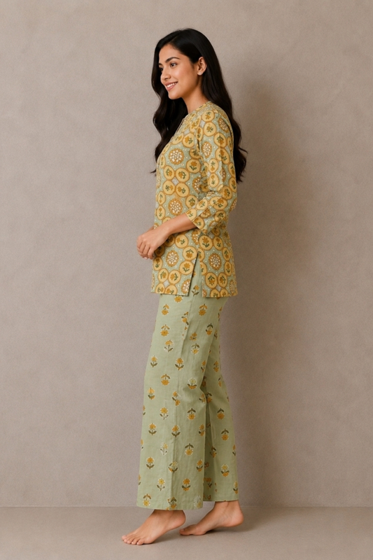 Sage mustard octagonal medallion co-ord set side view - Gemini Nightwears