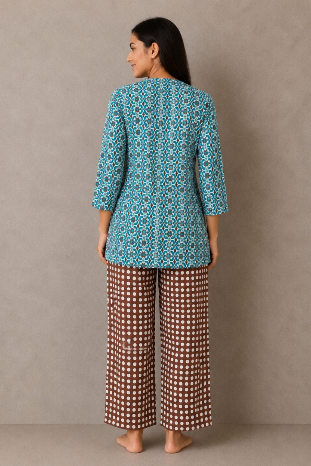 Teal and brown geometric medallion co-ord set back view - Gemini Nightwears