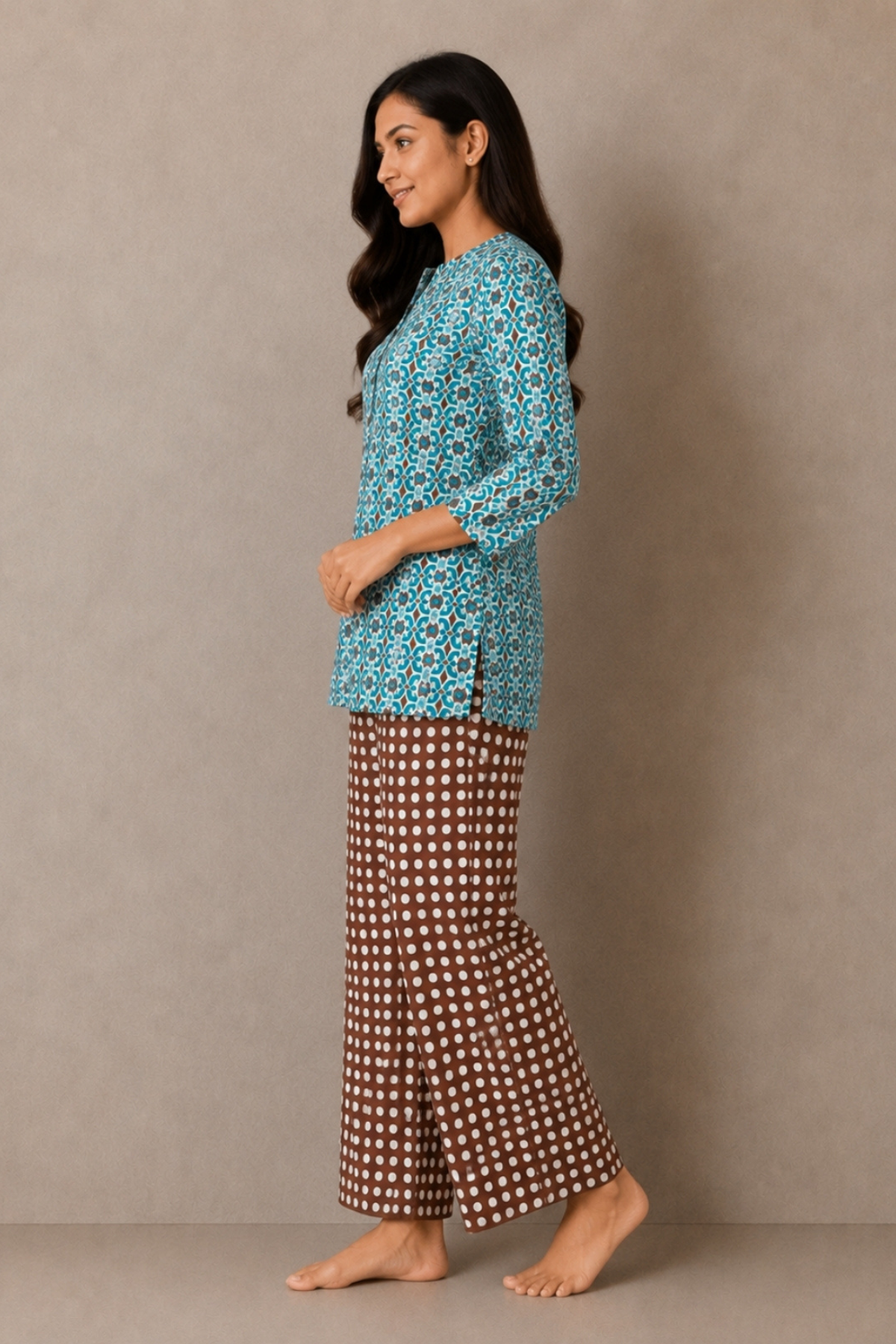 Teal and brown geometric medallion co-ord set side view - Gemini Nightwears