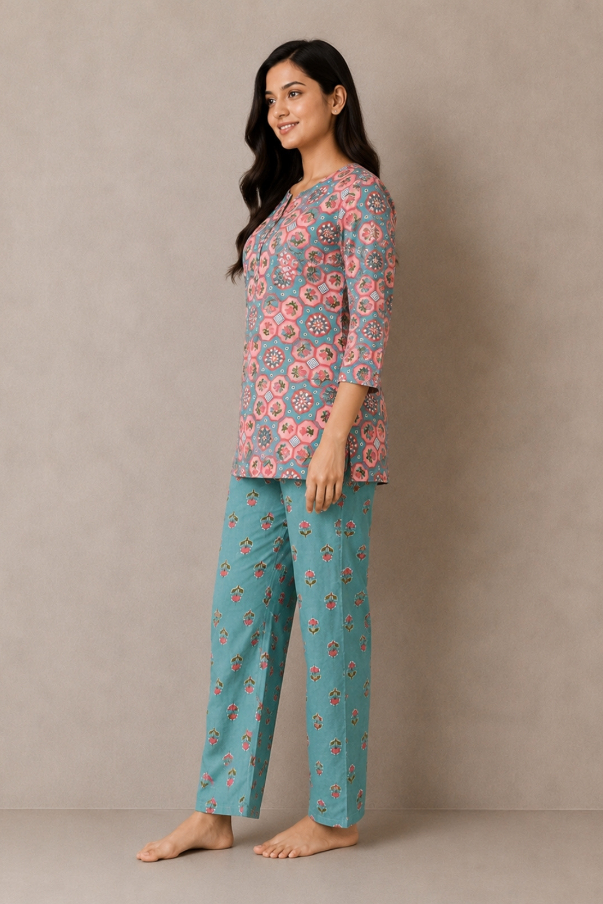 Teal pink octagonal medallion co-ord set side view - Gemini Nightwears
