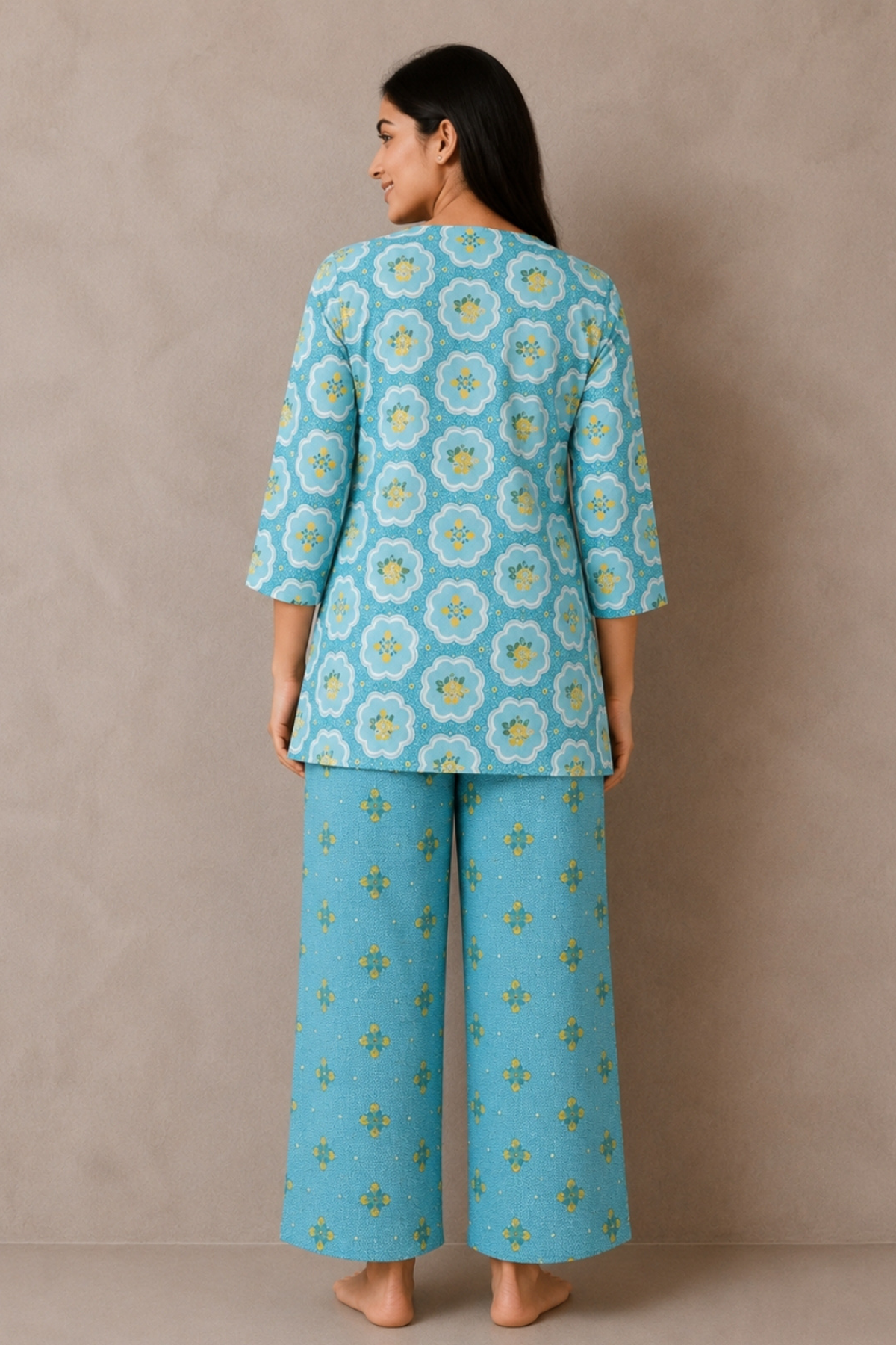 Turquoise blue floral medallion co-ord set back view - Gemini Nightwears