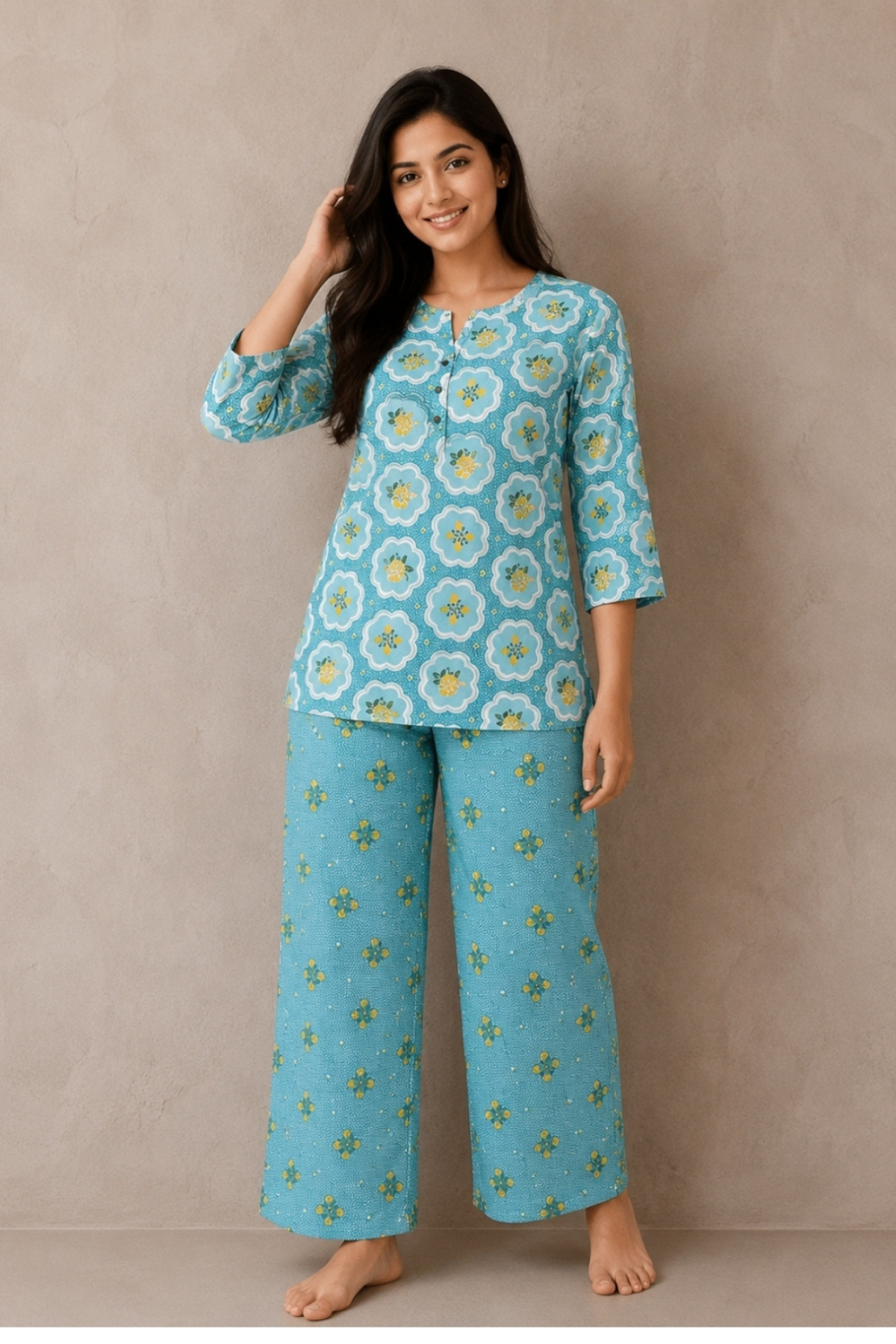 Woman wearing turquoise blue floral medallion print co-ord set - Gemini Nightwears