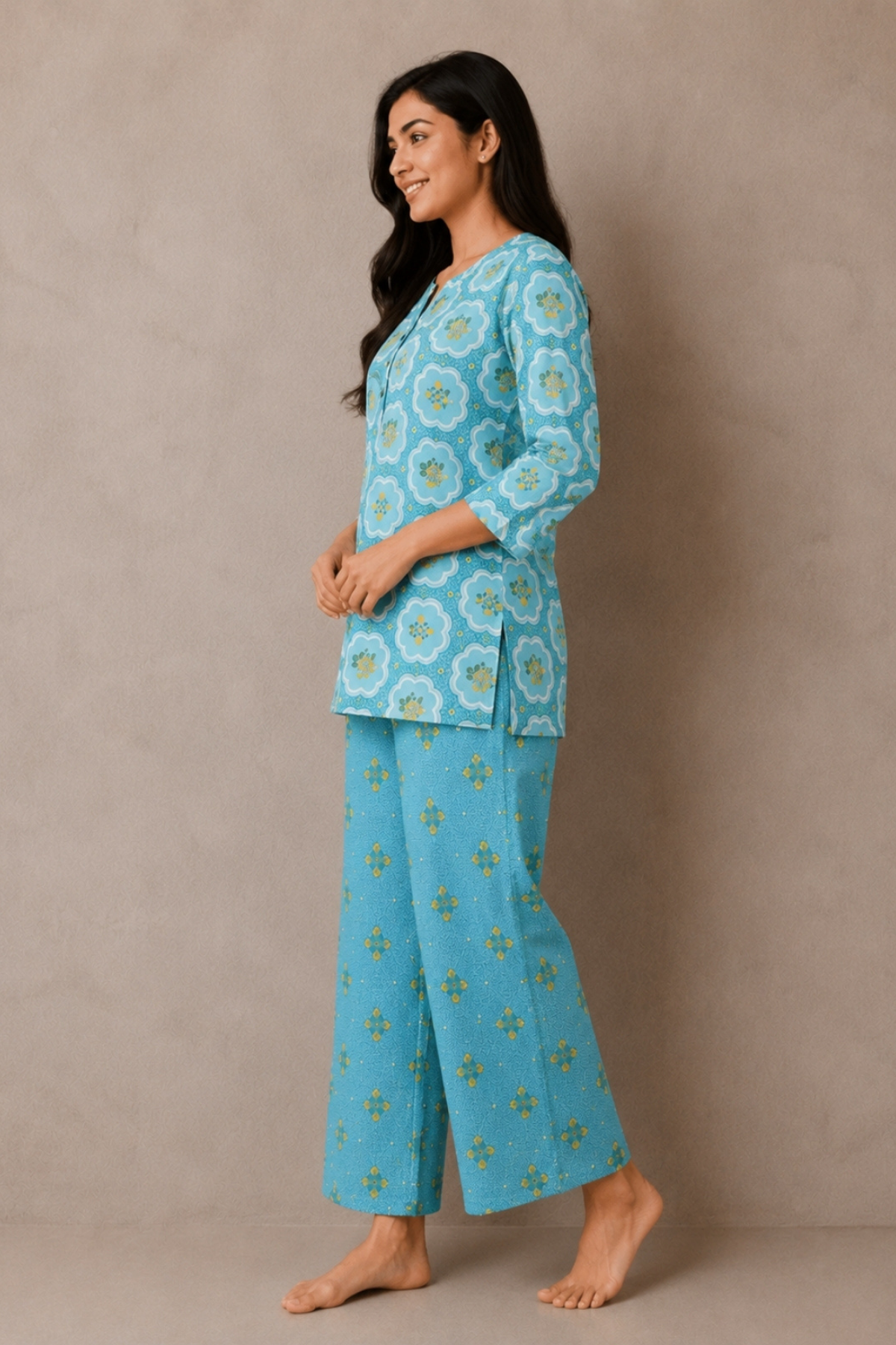 Turquoise blue floral medallion co-ord set side view - Gemini Nightwears